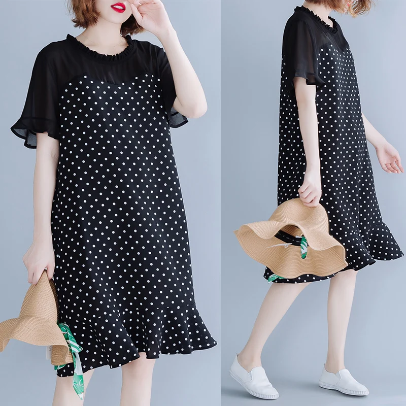 

#0461 Summer White Polka Dot Printed Ruffles Pleated Dress Women Mini Irregular Collar Short Sleeves Black Chiffon Dress Female