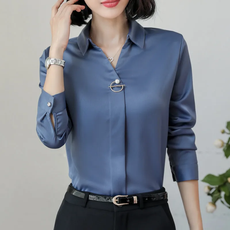 Новая Элегантная женская рубашка с v-образным вырезом, темпераментная модная формальная тонкая шифоновая блуза с длинным рукавом, офисные женские топы размера плюс - Цвет: Blue
