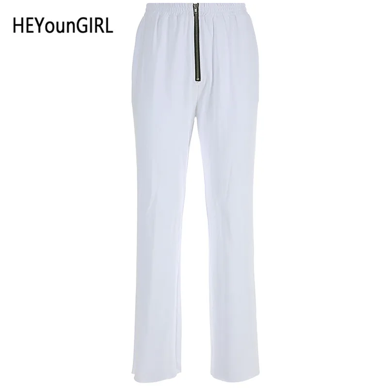 HEYounGIRL повседневные свободные белые спортивные штаны капри корейские спортивные штаны женские эластичные брюки с высокой талией вечерние Брюки с карманами на молнии - Цвет: Белый