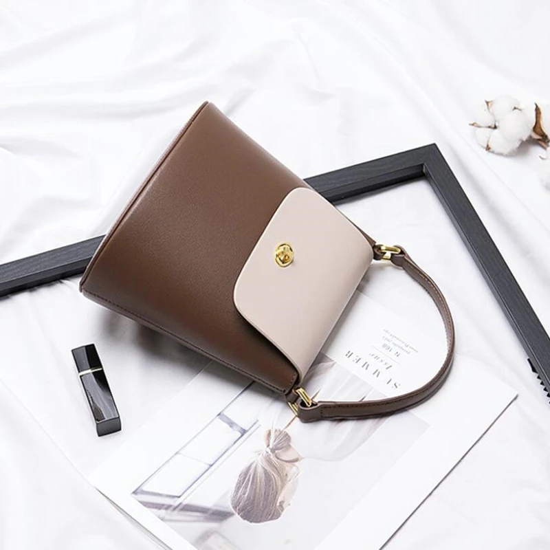 

New Fashion Split Leather Ring Hand Bag Chic Split Leather Bucket Women Bag With Purse Luxury Vintage Chain Shoulder bags qq094