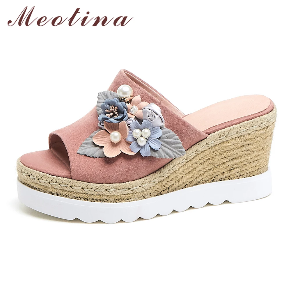 

Meotina Summer Shoes Women Slides Kid Suede Flower Platform Wedge Heel Shoes Peep Toe Super High Heel Slipper Lady Sandals 34-39