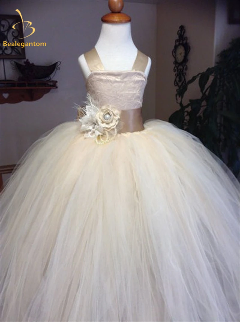 

Bealegantom 2019 Ball Gown Flower Girl Dresses With Bow Appliques Flowers Beaded Princess Kids Pageant Comunion Gown QA1230