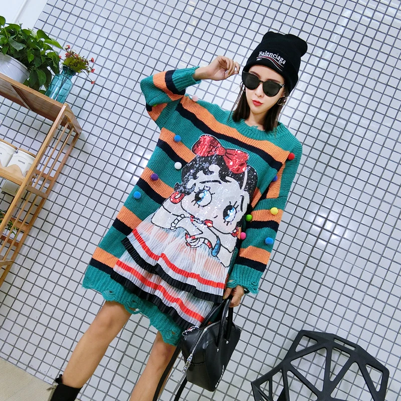 

Thai Tide brand 2018autumn and winter new round neck cartoon striped sequins ladies sweater female long sleeve bottoming sweater