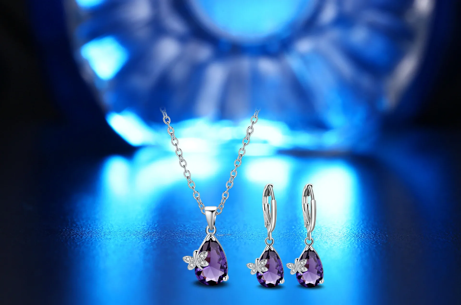 OMHXZJ, индивидуальная мода, OL, женская фиолетовая бабочка, циркон, 925 пробы, серебряные серьги+ ожерелье, ювелирный набор SE12
