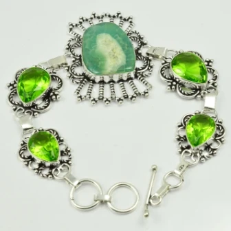 

Solar Quarts & Peridots Bracelet Silver Overlay over Copper , 21 cm, B2175