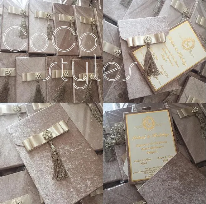  Cocostyles bespoke premium velvet hard cover invitation card box with gold metal decoration and tas - 32865408329