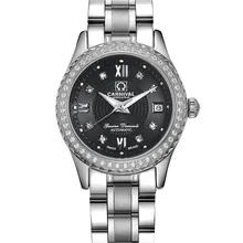Carvinal Women Lady Fashion Business Waterproof Steel Watchband Automatic Mechanical Watch Wristwatch – silver case black dial