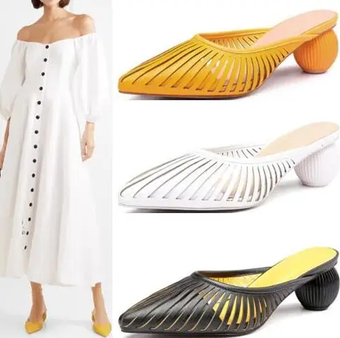 

Summer Latest Design Brand Woman Yellow White Casual Braided Hollow Slip On Pointed Toe 50 mm Ball Heels Muller Slide Shoes