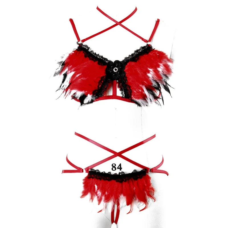 Bondage Full Sexy Body Harness Set for Women Plus Feather Harness Black Chest Bra Goth Erotic Rave Dance Fetish Cosplay Wear