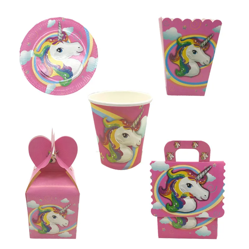 Chicinlife Unicorn Party Disposable Tableware Sets Paper Cups Plates Napkin Popcorn Box Baby Shower Kids Birthday Party Supplie