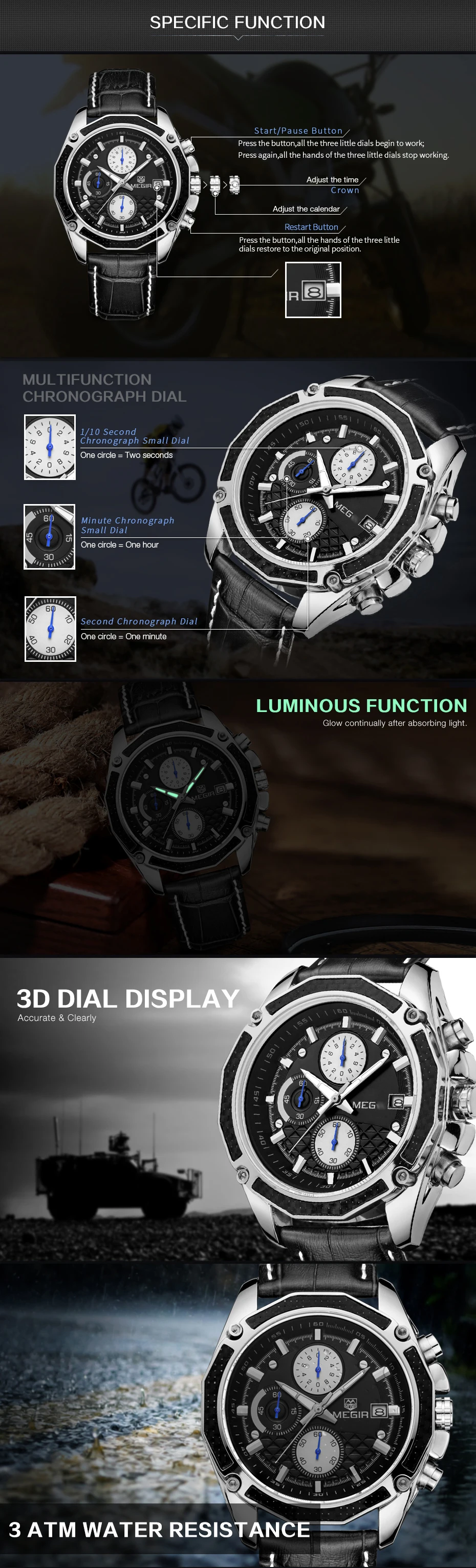 Genuine MEGIR quartz male watches Genuine Leather watches racing men Students game Run Chronograph Watch male glow hands (4)