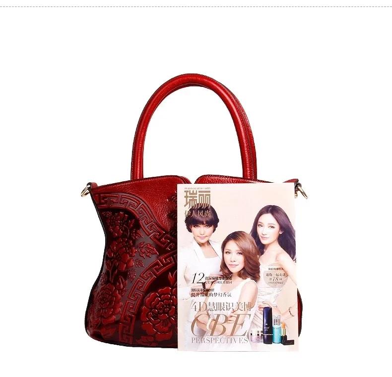 Китайская дизайнерская женская большая красная сумка Cheongsam из натуральной кожи, женская сумка на одно плечо с тиснением, Женский кошелек с цветами