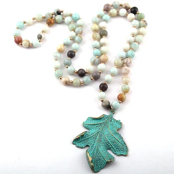 

Free Shipping Fashion Amazonite Stone Bead Metal Blue leaf Pendant Necklaces