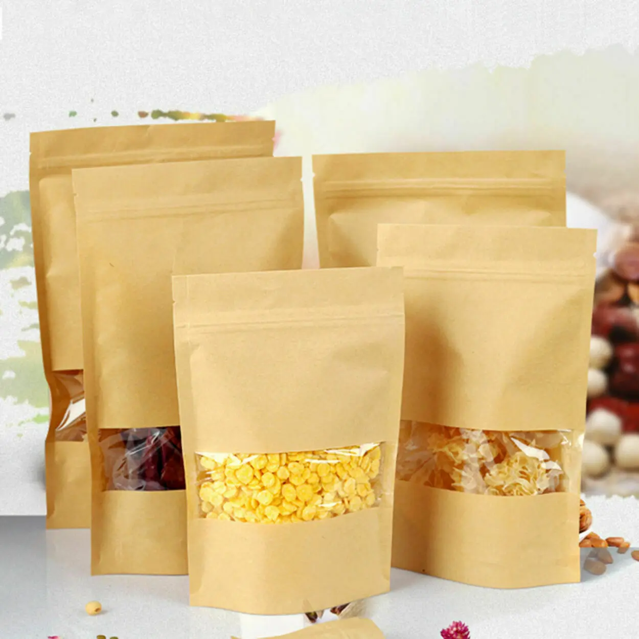 

20 Pcs Waxed Kraft Paper Food Bag with Zip Lock Reusable Sealing Bag Pouch with Clear Window for Storing Cookie Dried Food Snack