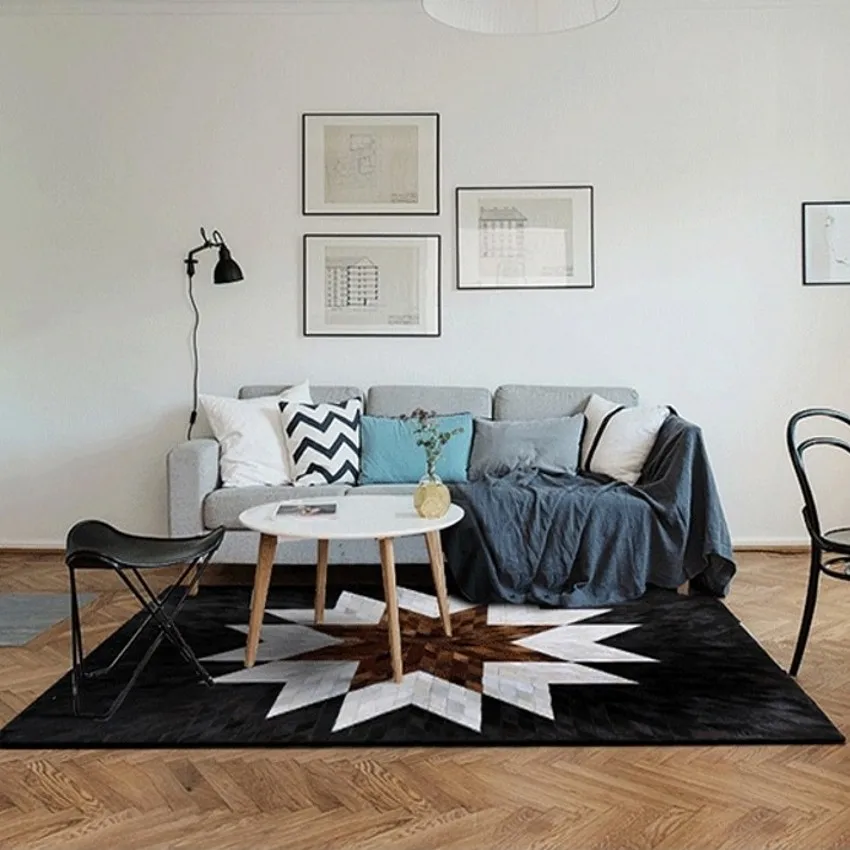 

Handmade luxury cowhide seamed patchwork rug , American style natural cowskin fur carpet living room decoration rug
