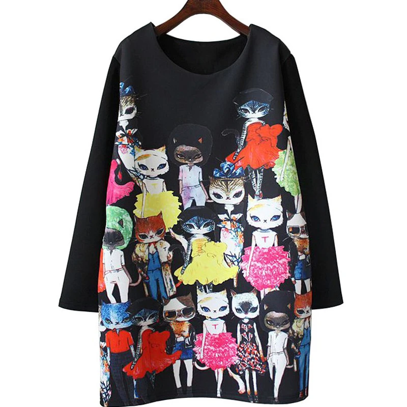 

New digital printing Mummy cat cat show pattern large size long sleeve round neck dress