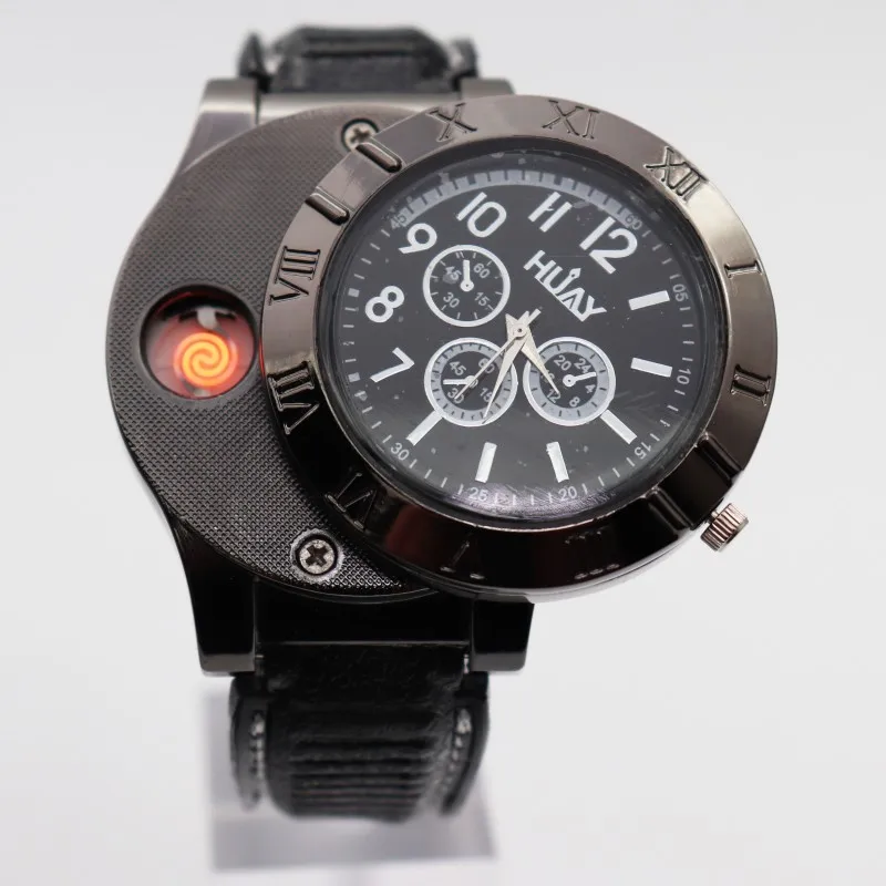 1 шт Зажигалка часы мужские военные usb зарядка F665 горячие спортивные повседневные кварцевые наручные часы ветрозащитная беспламенная зажигалка