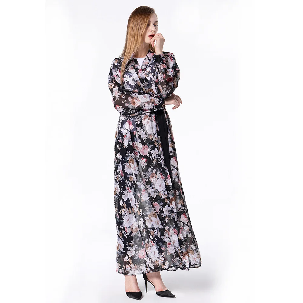 

Fashion Women Muslim Abaya Dress Cardigan Chiffon Muslim Dress Long Sleeve Printed Flower Saudi Arabia Turkish Islamic Clothing