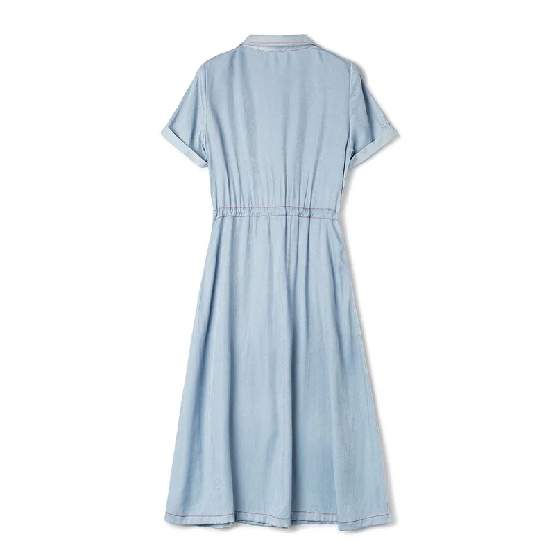 2019 Summer Fashion Denim Dress High Quality Women Turn-down Collar Red Color Block Stitch Bust Pockets Blue Jeans Dress Ladies