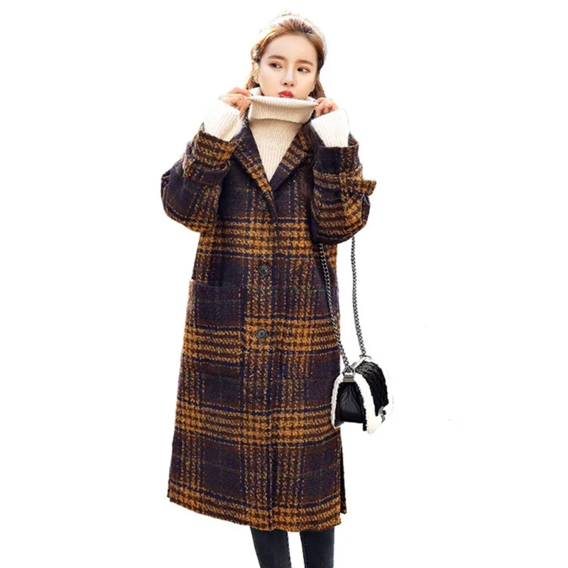 Woolen Coat Women Medium Long 2018Student Plaid Loose