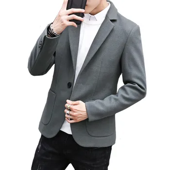 

Autumn and winter blazer men's wool trend fashion simple woolen high quality solid color slim suit jacket men's suit coat