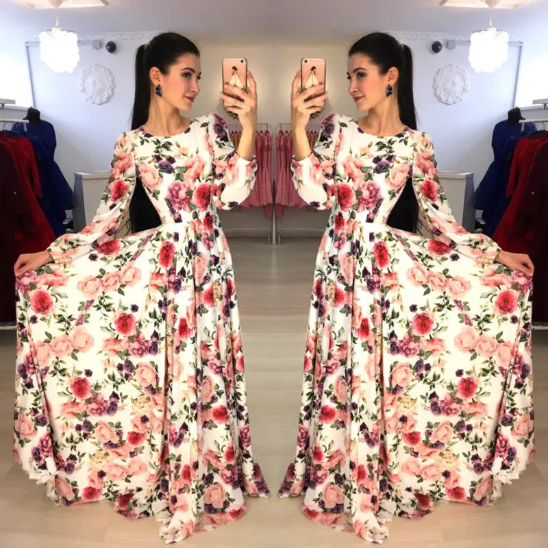 

Hot Women Floral Print Long Sleeve Boho Dress Lady Evening Party Autumn Floral Long Maxi Dress