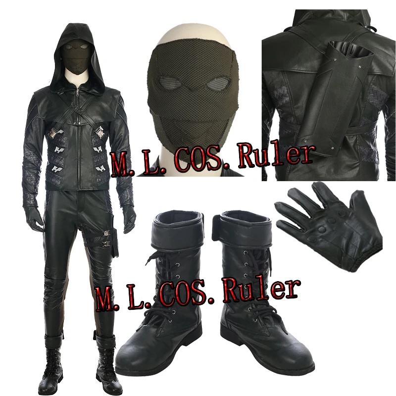 

Green Arrow 5 Quentin Lance Cosplay Costume Full Set Custom Made Black Leather With Mask and Boots Halloween Free Shipping