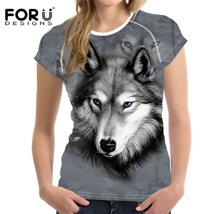 FORUDESIGNS/, модная женская футболка, кроп-топы, 3D Рисунок волка, женская футболка с коротким рукавом, крутая футболка для девочек, Roupa Feminina - Цвет: W1428BV
