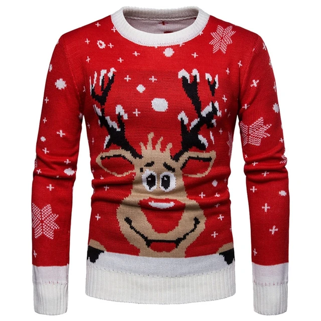 Fall Winter Men Sweater Christmas Knitted Shirt Cute Elk Printing Sweaters Red Long Sleeve O,neck Keep Warm Slim Knitwear