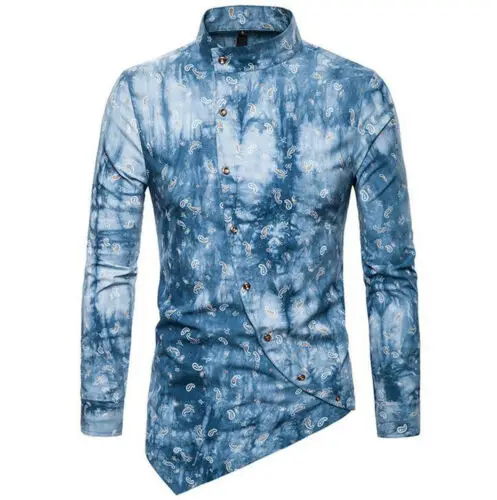 Light blue Осенняя мужская рубашка Повседневная Кнопка нерегулярный воротник рубашка с длинным рукавом вертикальная куртка с большими длинными рукавами - Цвет: Light blue