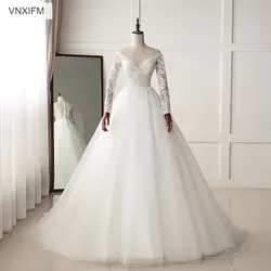 VNXIFM 2019 трапециевидной формы с круглым вырезом Свадебные платья с пуговицами на спине одежда с длинным рукавом vestido de noiva аппликации суд