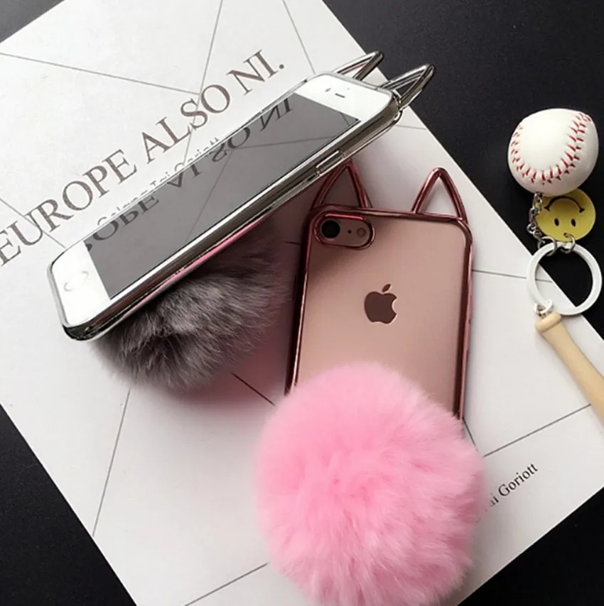New-Fashion-Classes-Deluxe-Plating-Soft-TPU-Lovely-Cat-Ears-Fur-Fluffy-Ball-Cover-Case-For