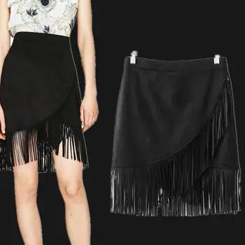

2019 New Fashion Tassel Stitching Suede Irregular Skirts Sexy Mini Skirt Patchwork Of Cotton And Artificial Velvet clothes