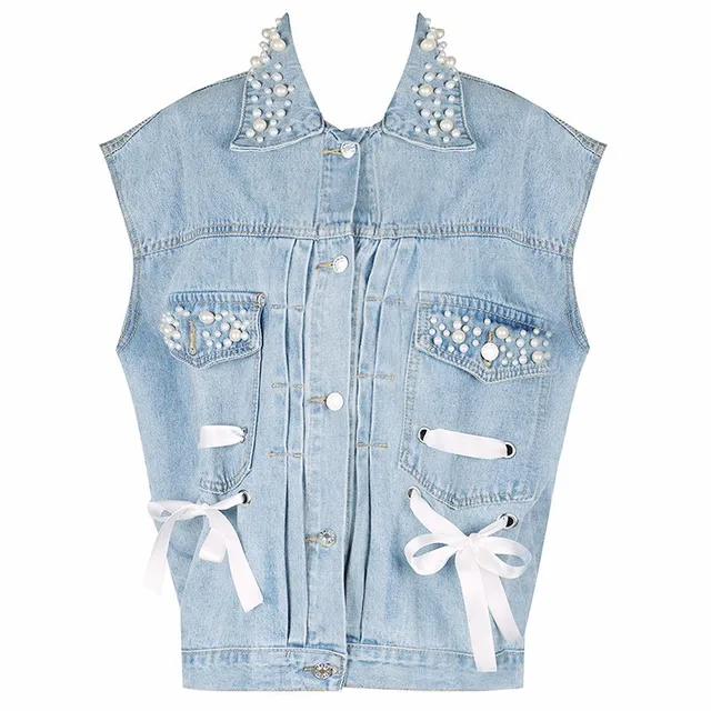 Twotwinstyle Denim Waistcoats For Women Sleeveless Pearls Patchwork Lace Up Big Size Vest Female