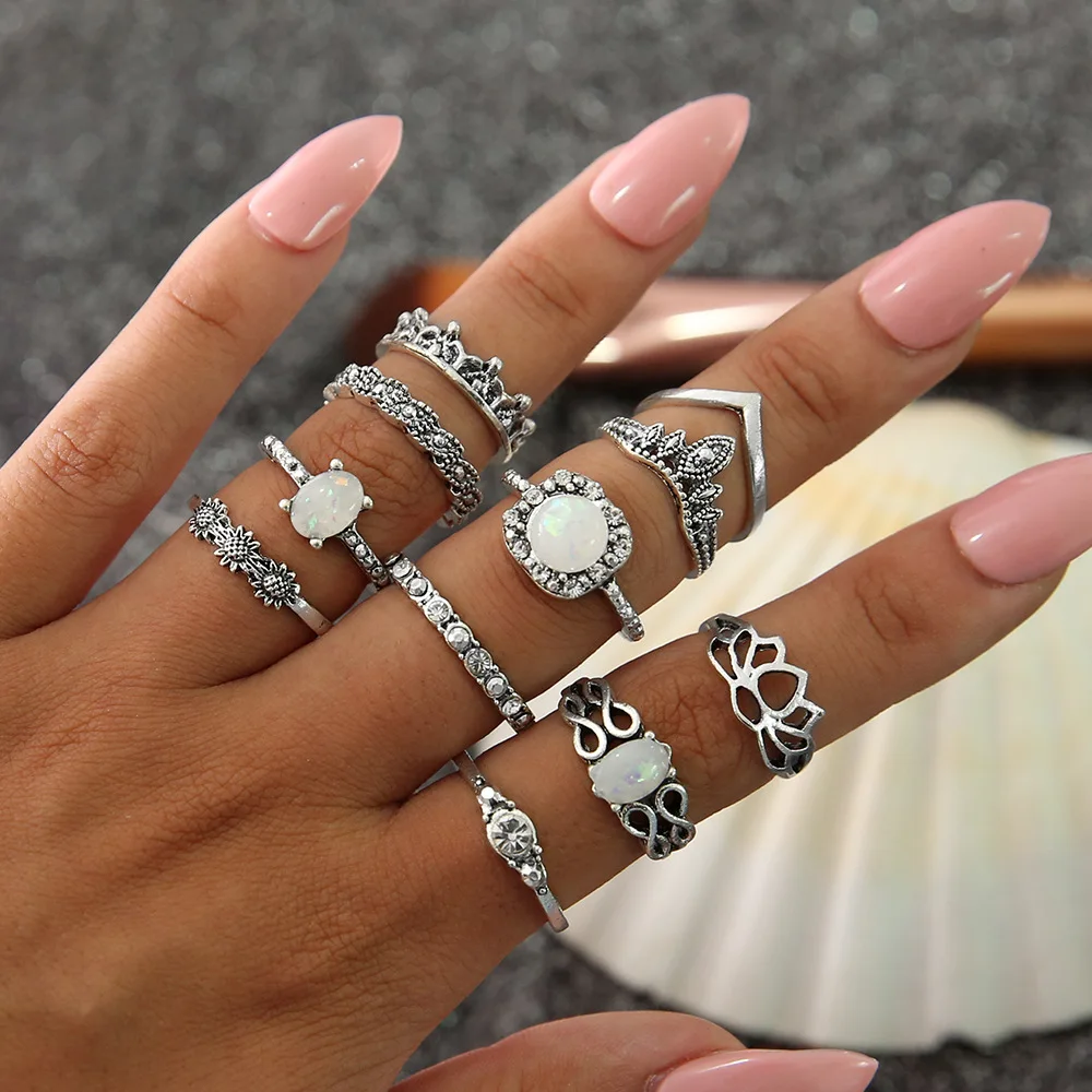 

11 Pcs/set Bohemian Retro Opal Lotus Crystal Wave Silver Ring Set Women Party Charm Jewelry Accessories