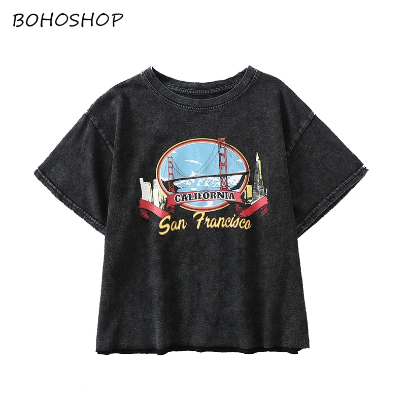 

Vintage fashion Women retro old washed o-neck T-shirt Fashion Crop Top print Cotton Tops nice short sleeve T-Shirt
