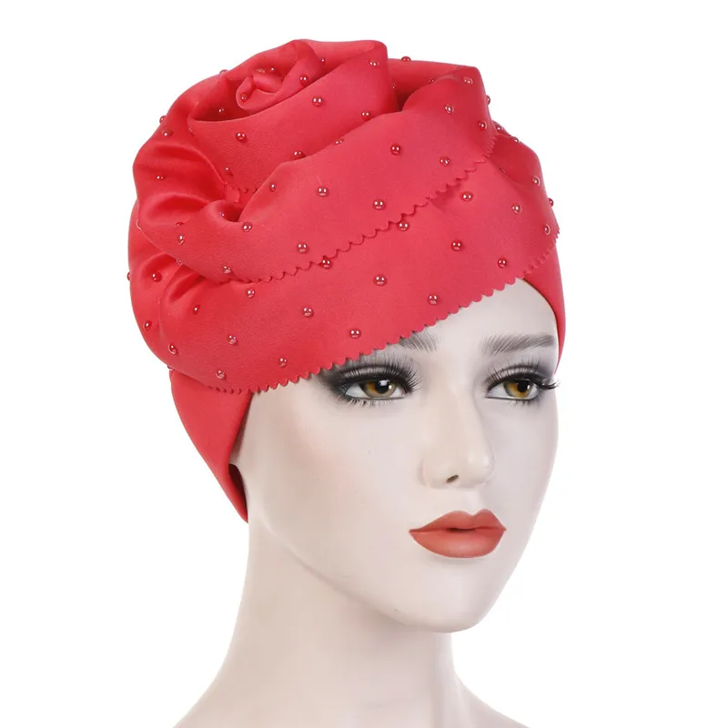 

MANYUE-CO Women Beaded Glitter Turban Big Flowers Headband Wedding Party Head Scarf Hair Lose Cap Head Wraps Hair Accessories