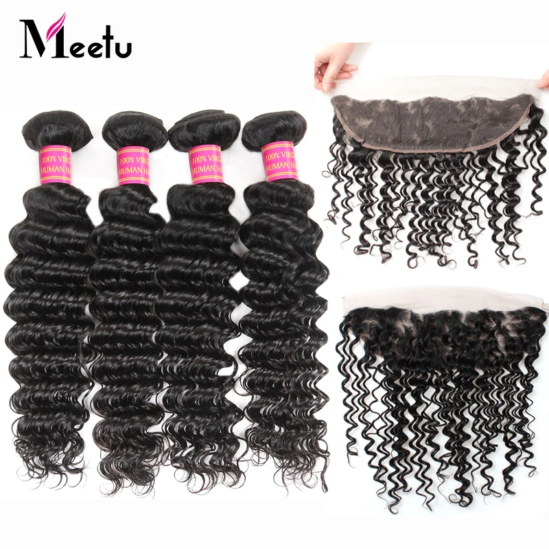 

Meetu Brazilian Hair Weave Bundles with Frontal Deep Wave Bundles with Frontal 4 PCS Human Hair Bundles with Frontal Non Remy