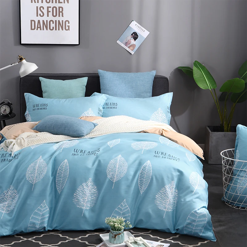 Light Blue White Print Polyester Soft Bedding Bed Linen Bed Sheet Duvet
