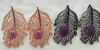 

AAA Grade 50x30mm CZ Micro Pave Feather Pendant/Charm with Fuchsia pink Eye, Cubic Zirconia Leaf Pendant 2pcs