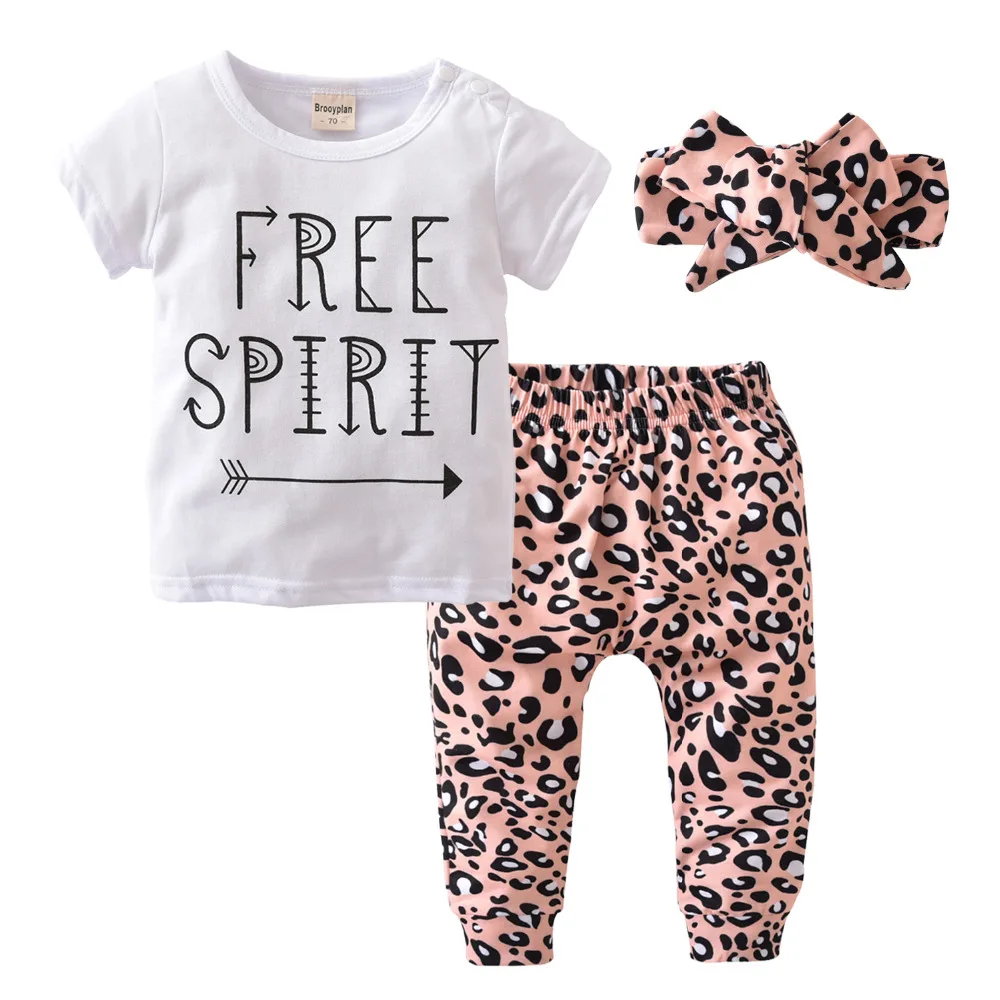 

3Pcs Fashion Baby Girl Clothing Set Newborn Short Sleeve Letter Tops Leopard Pants and Headband Toddler Kids Clothes Suit