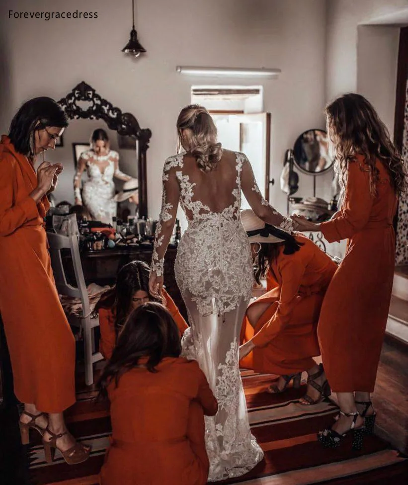 2019 New Beach Long Sleeves Sheer Mermaid Wedding Dresses Crew Neck Open Back Applique Lace Plus Size Bohemian Bridal Gowns BC1076  164 (12)