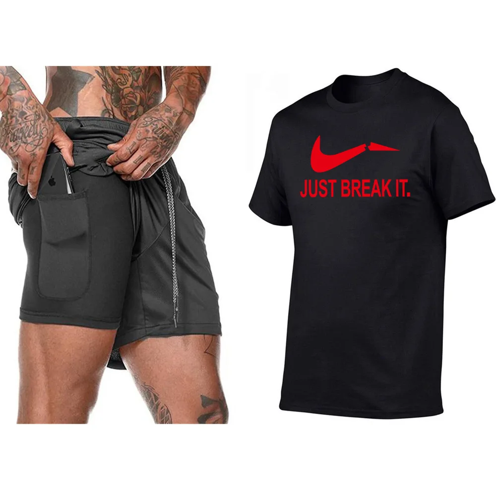 

Summer Hot sale men t shirt brand casual print men T-shirt+New mens 2 in 1 Sports Shorts Built-in pocket zipper Shorts suit