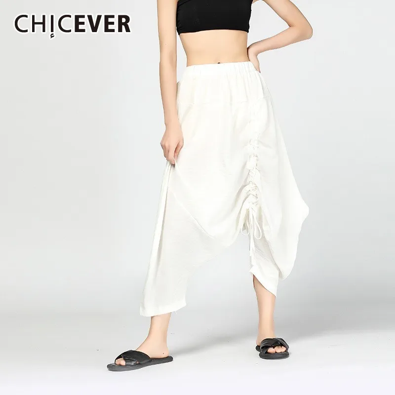 

CHICEVER Summer Casual White Women Pant Low Elastic Waist Pleated Loose Plus Size Ankle Length Female Harem Pants 2019 Fashion
