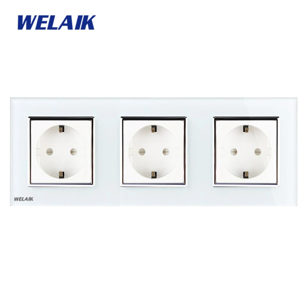 WELAIK Tomada de Parede Painel Tomada de Parede de Vidro Branco Preto Padrão Europeu Soquete De Energia AC110 ~ 250 V A38E8E8EW/B