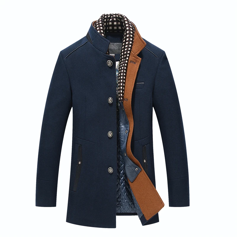 

2018 Winter Men's Wool Coat Long Thick Warm Jacket Woolen Coat With Detachable Scarf Casual Slim Trench Jacket Peacoat Overcoat