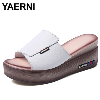 

YAERNI Women Wedges Genuine Leather Shoes Women Hight Heels Slippers Off White Shoes Sunnmer Platform Shoes Ladies Casual Shoes