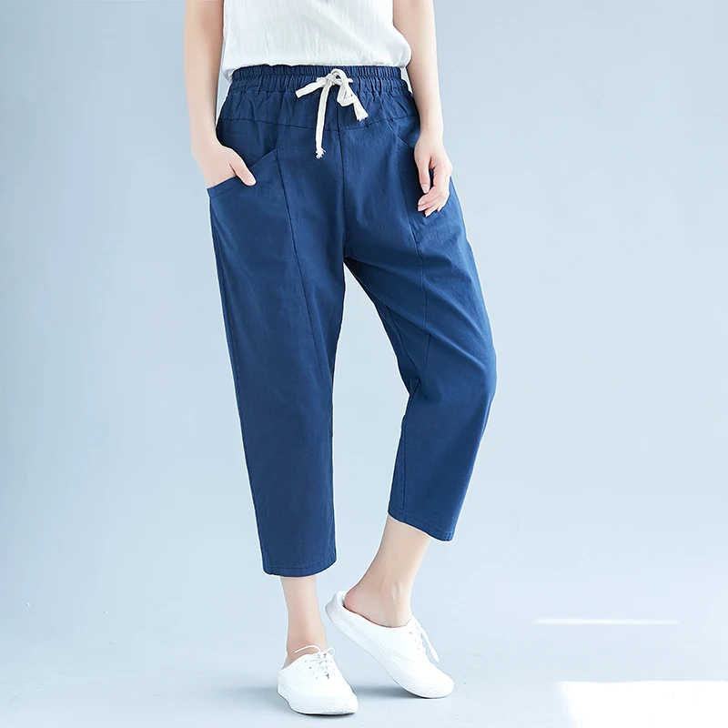 ilstile 2018 Women Cotton Linen Solid Harem Pants Summer Casual Loose Ankle-Length Elastic Waist Trousers Fashion New | Женская одежда