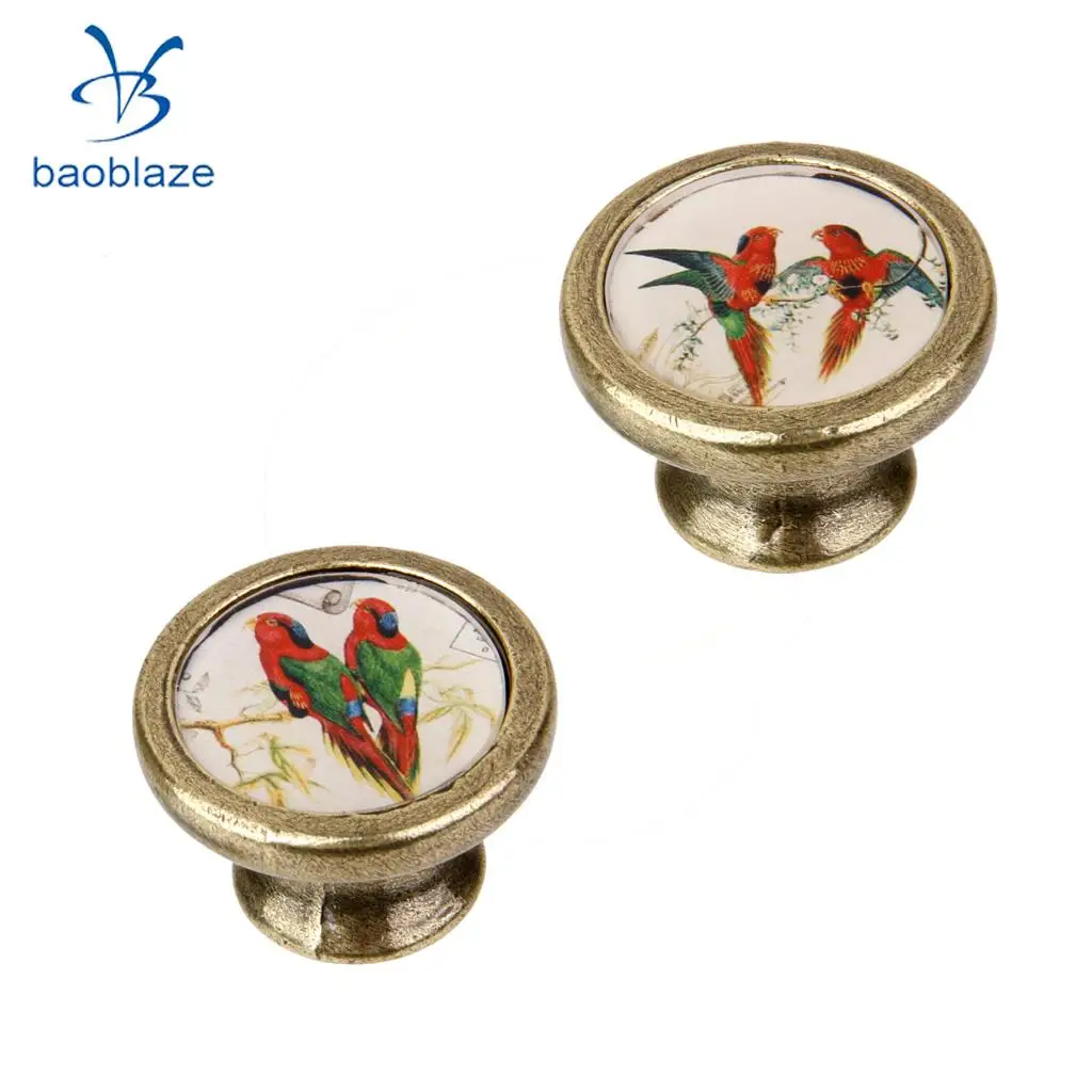 2 Pieces Antique Brass Cabinet Drawer Round Pulls Wardrobe Cabinet Door Cupboard Knob Handle Colorful Birds Pattern
