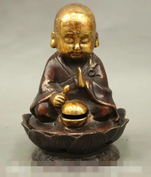 

S6902 6" Chinese Buddhist Bronze Gilt Young Monk Buddha Amitabha Statue Incense Burner D0317